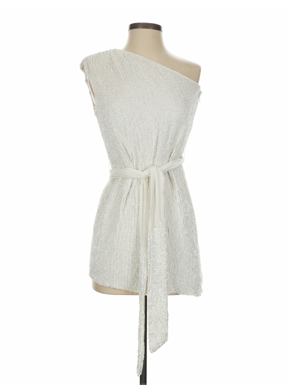 Retrofete Ivory One-Shoulder Sequin Mini Dress with Sash